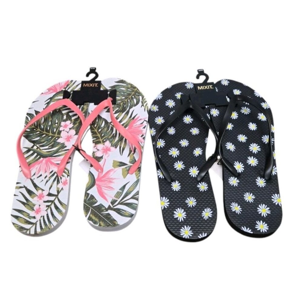 Lot Of 2 Pairs Mixit Flip Flops Womens 11/12 Pink Tropical  Black Daisy Sandals